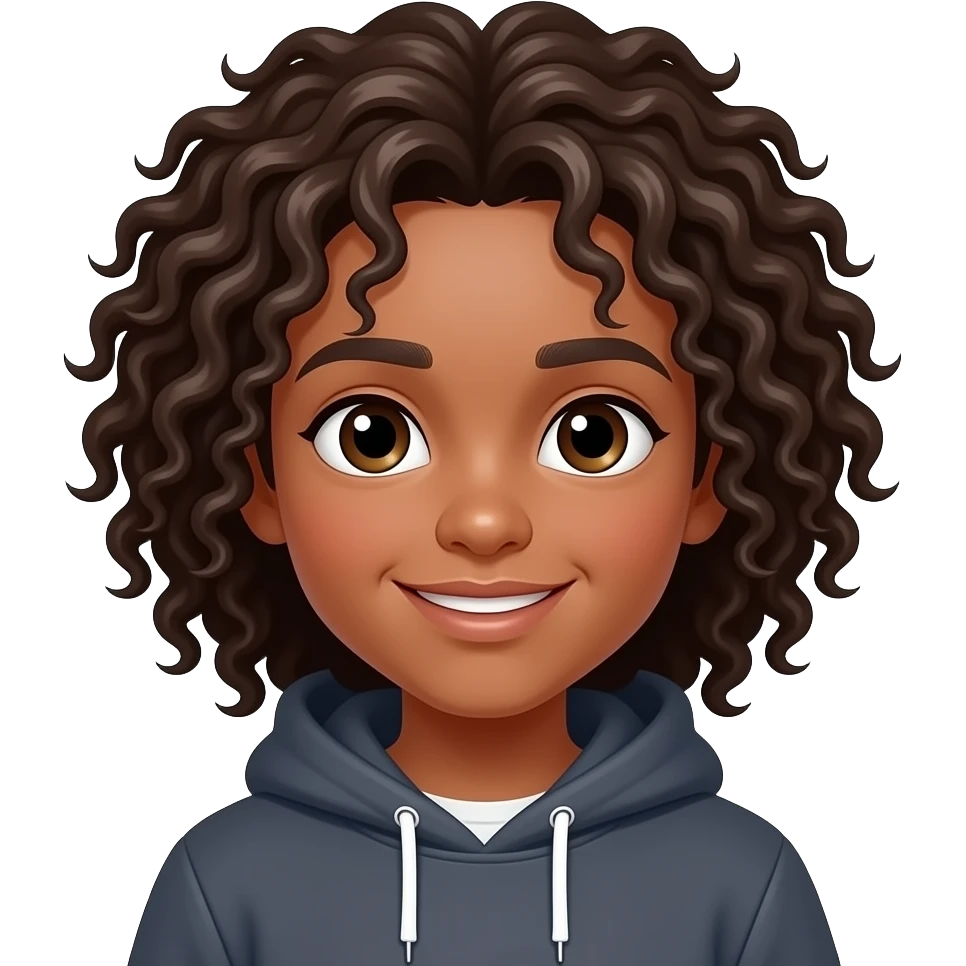 young cute teen boy with dark brown skin and super long ringlet hair wearing a hoodie emoji