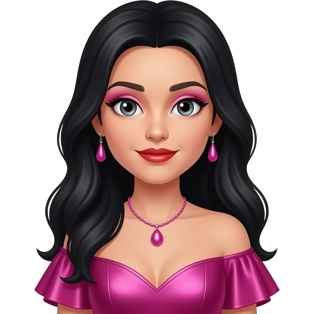 Azzyland with dark grey eyes, long black hair, pink eyeshadow, red lipstick, hot pink metallic off shoulder dress, pink necklace and earrings emoji