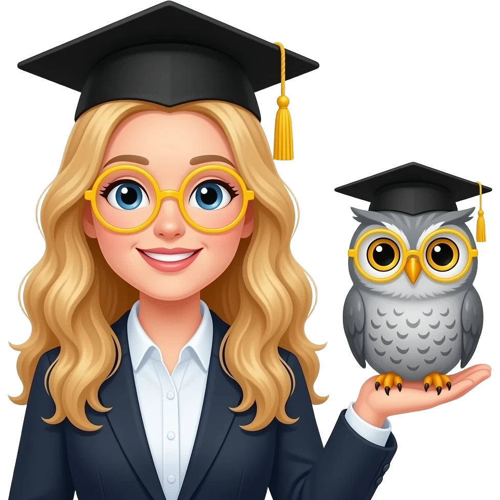 a teacher with long wavy blond hair. a cute grey owl in a black graduation cap with a yellow tassel and round yellow glasses sitting on the right hand emoji