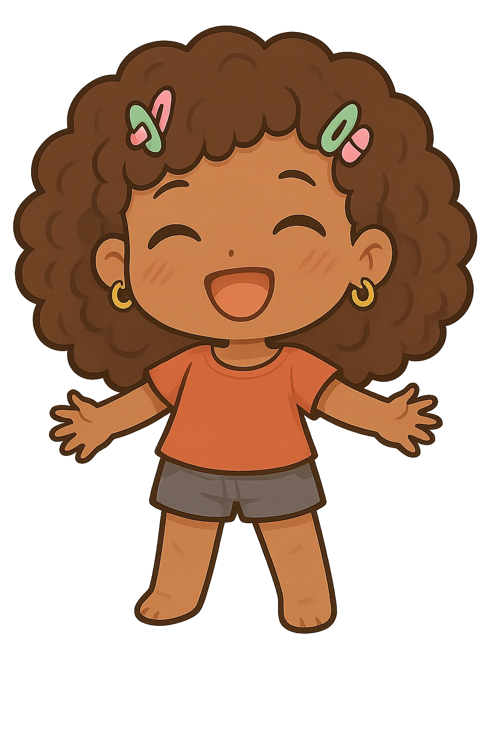Add cute hair clips and small hoop earrings to the chibi style character, with no background. emoji