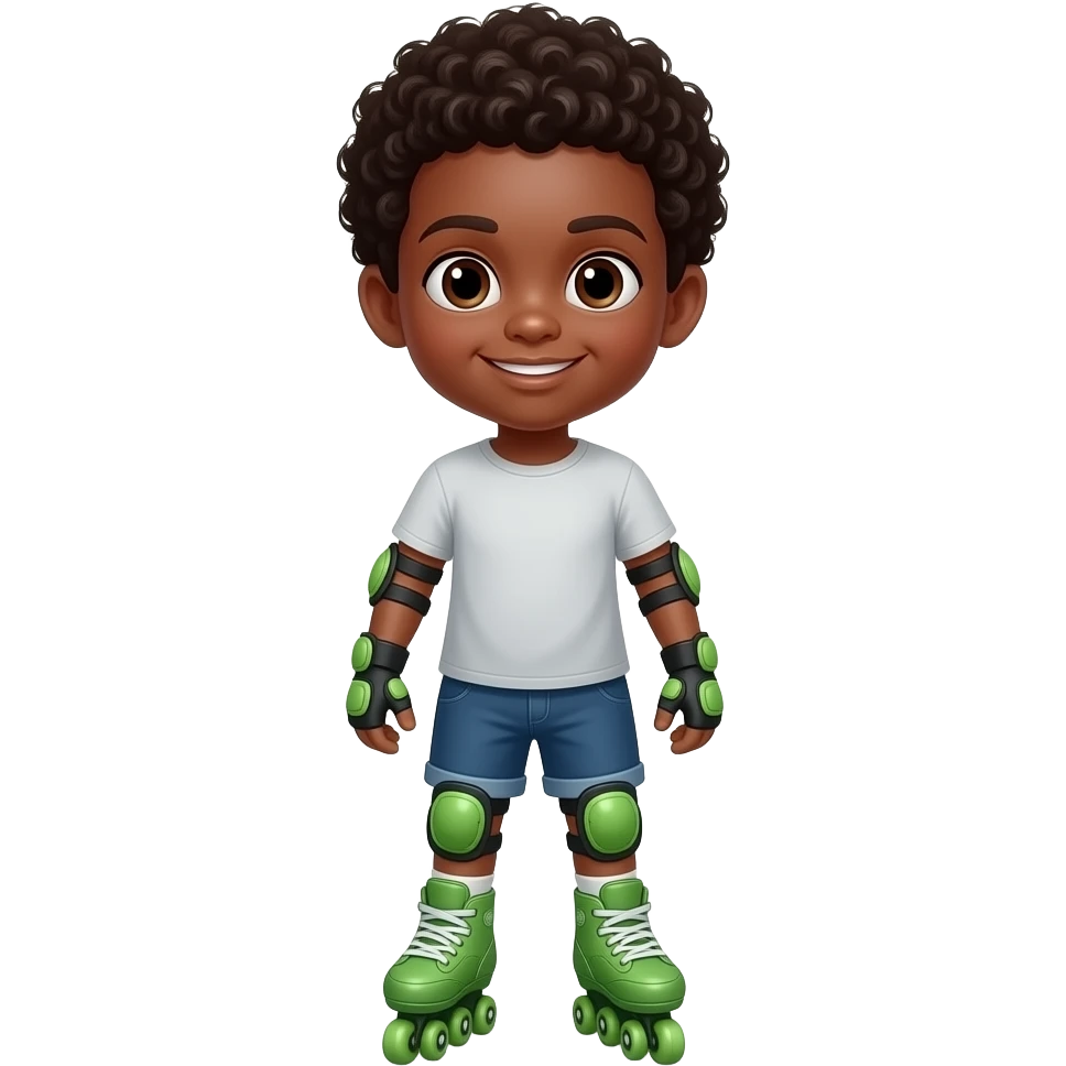 Child black boy curly hair, standing upright, wearing green elbow pads and knee pads, with green  roller skates, ready-to-play expression, front-facing pose. emoji