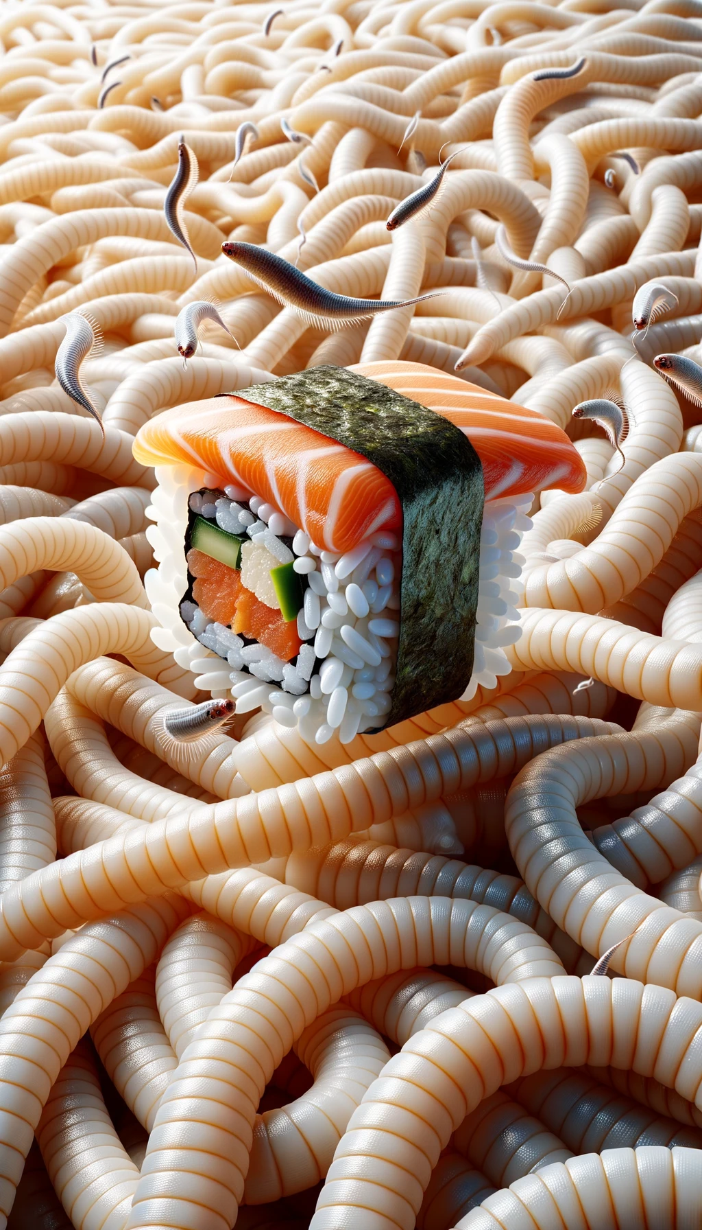 sushi crudo fluttua in aria insieme a dei lunghi vermi beige chiaro, iperrealistico 4k emoji