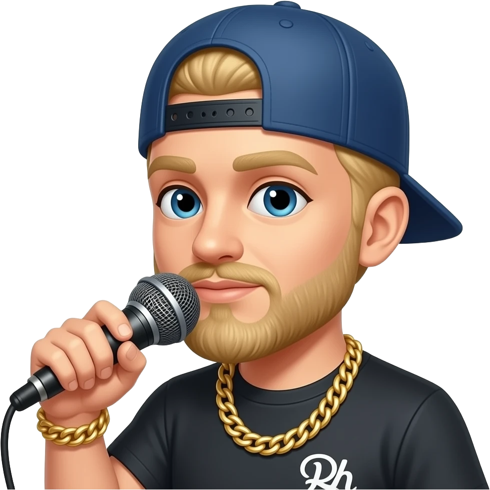 blond rapper holding a mic, wearing a cap and gold chain necklae emoji