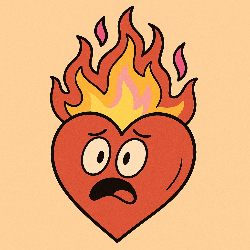heart with flames of fire in red-orange, yellow, and pink, cartoon style emoji
