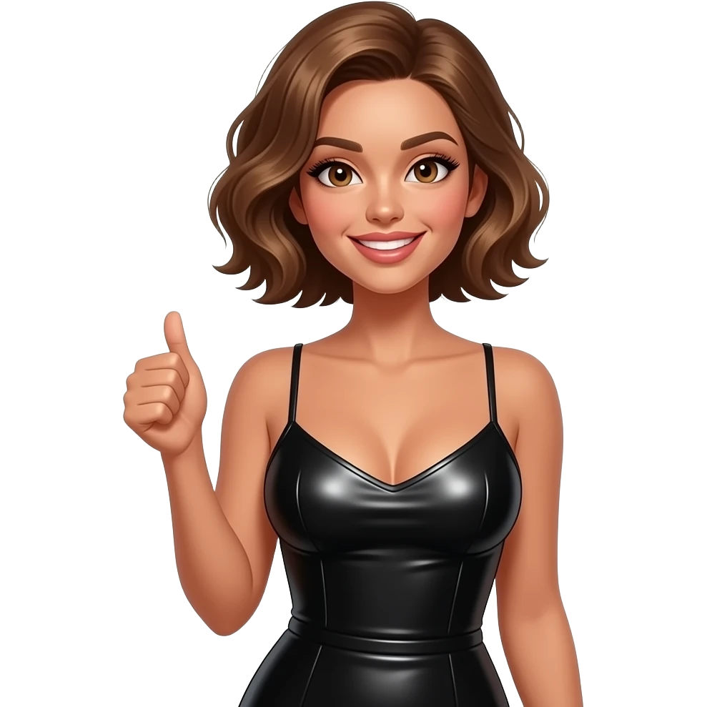 glamours,-tanned,-very-beautiful-woman-with-big-plump-rose-beige-lips,-long-lashes,-honey-silky-very short- hair,-wavy-hair,-hazel-eyes-wearing-black-strappy-shiny-latex-dress-She-Looks-sexy-and-smiling-Hand-with-thumb-up-waist-up emoji