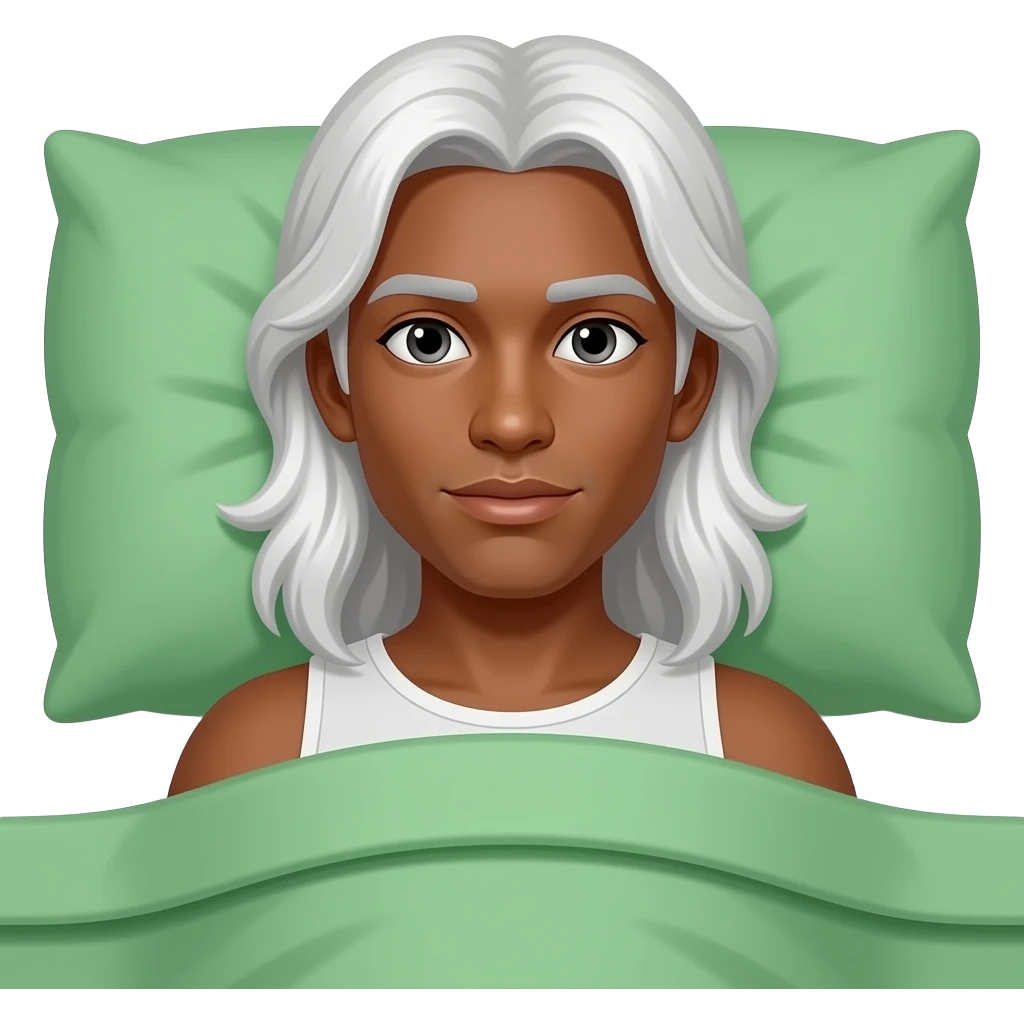 Really long white hair past the shoulders, Darker tanned, clean-shaven young man with long white hair covered in like green duvet in bed emoji