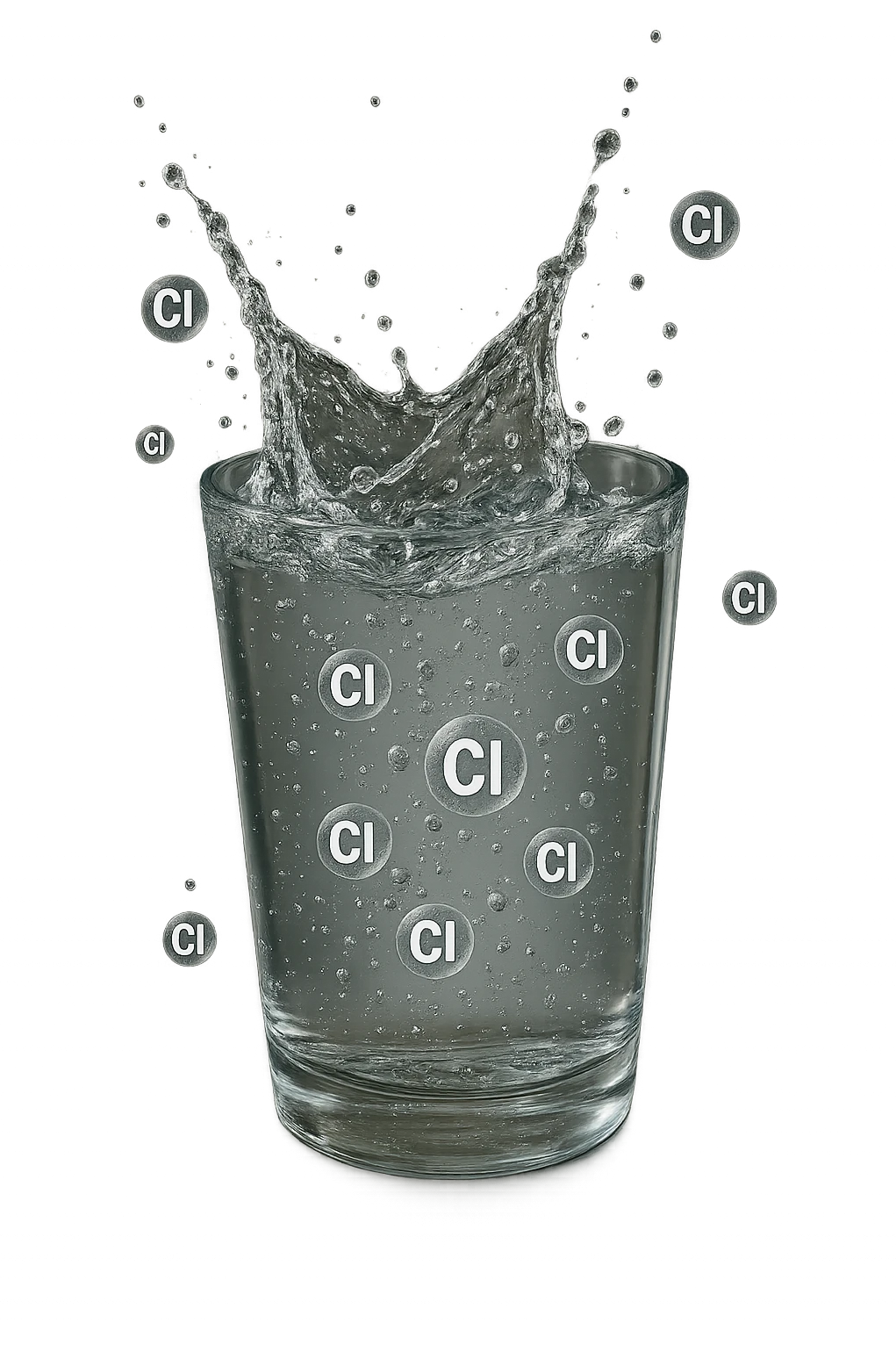 un bicchiere di acqua cade verticalmente dall'alto realistico e dettagliato, dentro l'acqua del bicchiere ci sono particelle di cloro ben visibili con la scritta "Cl" sopra, ci sono particelle anche che escono dal bicchiere e fluttuano in aria verticalmente, mentre alcune sono all'interno dell'acqua nel bicchiere, iperrealistico 4k emoji