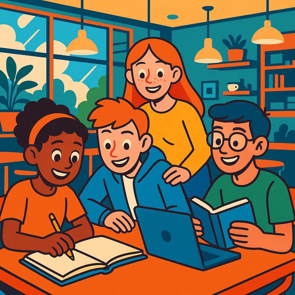 groupe de quatre étudiants, deux garçons et deux filles, travaillant ensemble sur un projet, ambiance conviviale, posture détendue, fond de bibliothèque ou café moderne, style cartoon coloré emoji