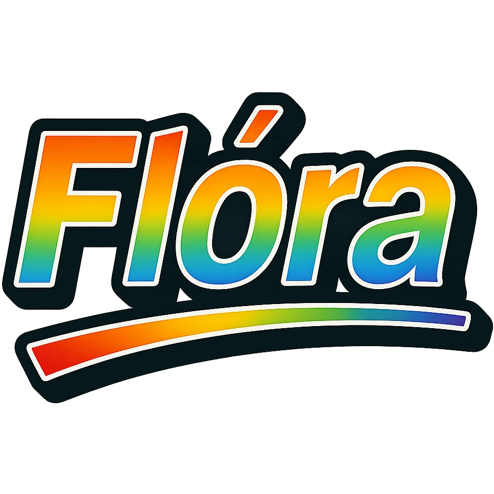 The name 'Flóra' in modern, precise Hungarian letters with a rainbow gradient fill, extra thick white outline, dark contour, transparent background, dynamic and slanted underline, in the style of the sample images. emoji