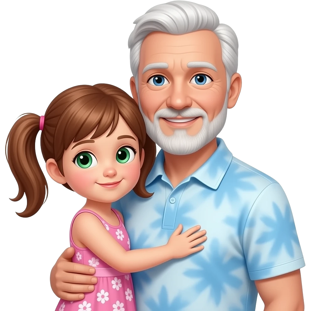 Dark Auburn haired girl child with light green hazel eyes twin ponytails wearing a pink small floral tank top style sun dress hugging a light blue eyed adult balding father with side white fringe white hair eyebrows and white scruff style breard wearing a light blue tye dye polo shirt emoji