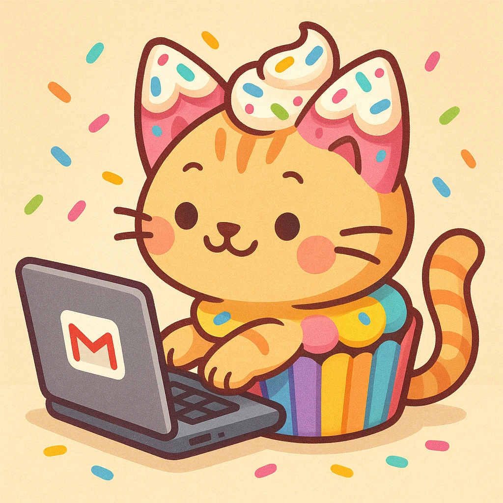 A playful and cute cupcake-themed cat typing on her own laptop, creating humorous stories for her friends to read on Gmail. The cat has cupcake colors, frosting ears, sprinkles, and cupcake wrapper body decorations. The laptop has a visible Gmail logo. The scene is whimsical, colorful, and charming. emoji