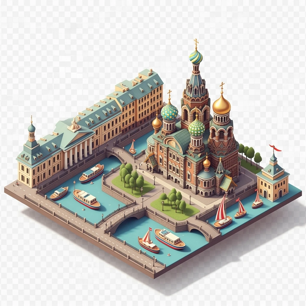 Isometric illustration of Saint Petersburg with the Church of the Savior on Spilled Blood and canals, toy boats and bridges, in pastel miniature diorama style, transparent background emoji
