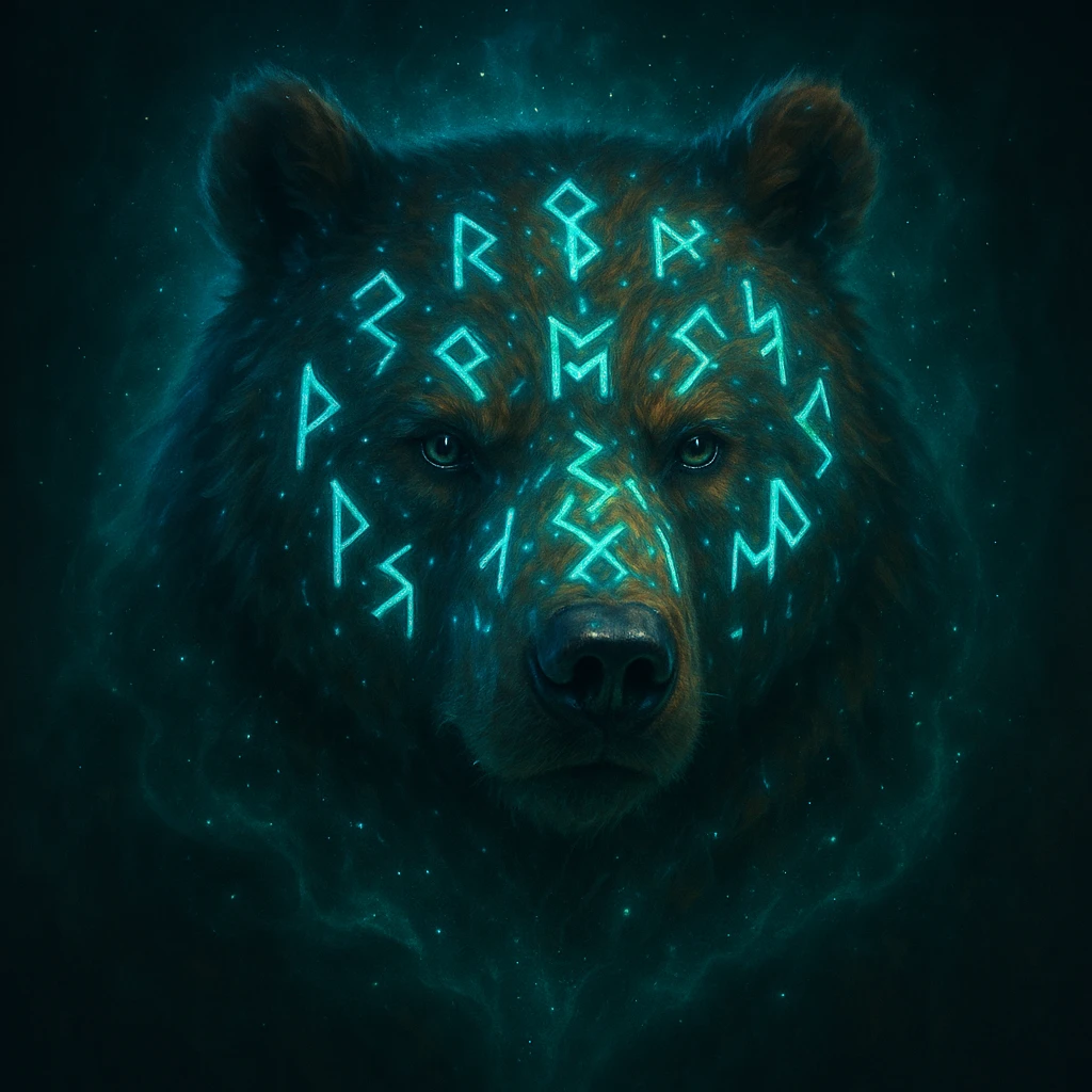 a bear's head with glowing runes, magical aura emoji