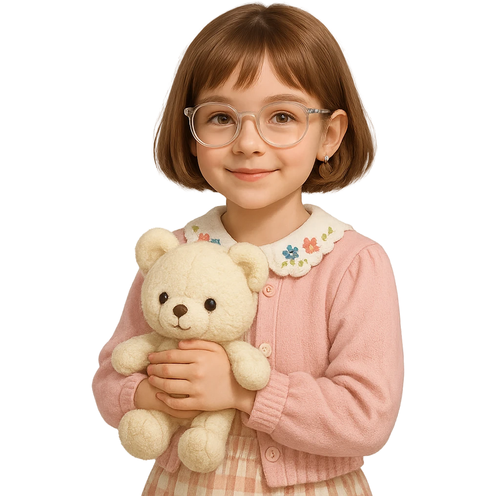 10 year old girl with clear glasses and short light brown hair, cute core style, holding a plush toy emoji