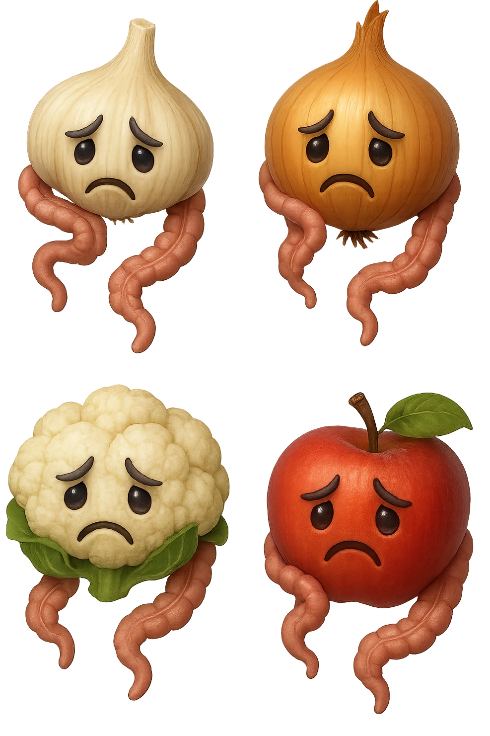 EMOJI STILE IPHONE DI aglio, cipolle, cavolfiore e mele che cadono verticalmente dall'alto con espressione triste con pezzi di colon avvolti intorno, IPERREALISTICO 4K emoji