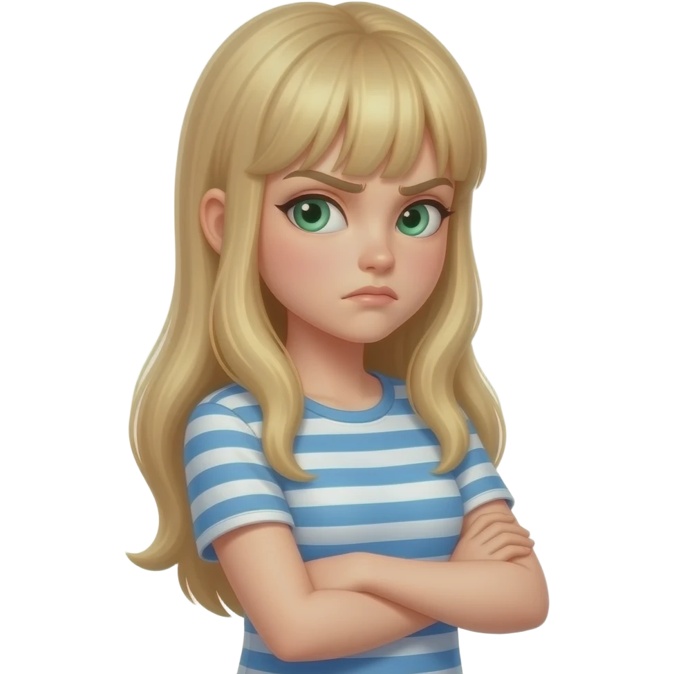 Emoji femme blonde avec les cheveux long avec une frange, aux yeux vert stylé iOS qui croise les bras, un peu énervé et un peu sur le côté emoji
