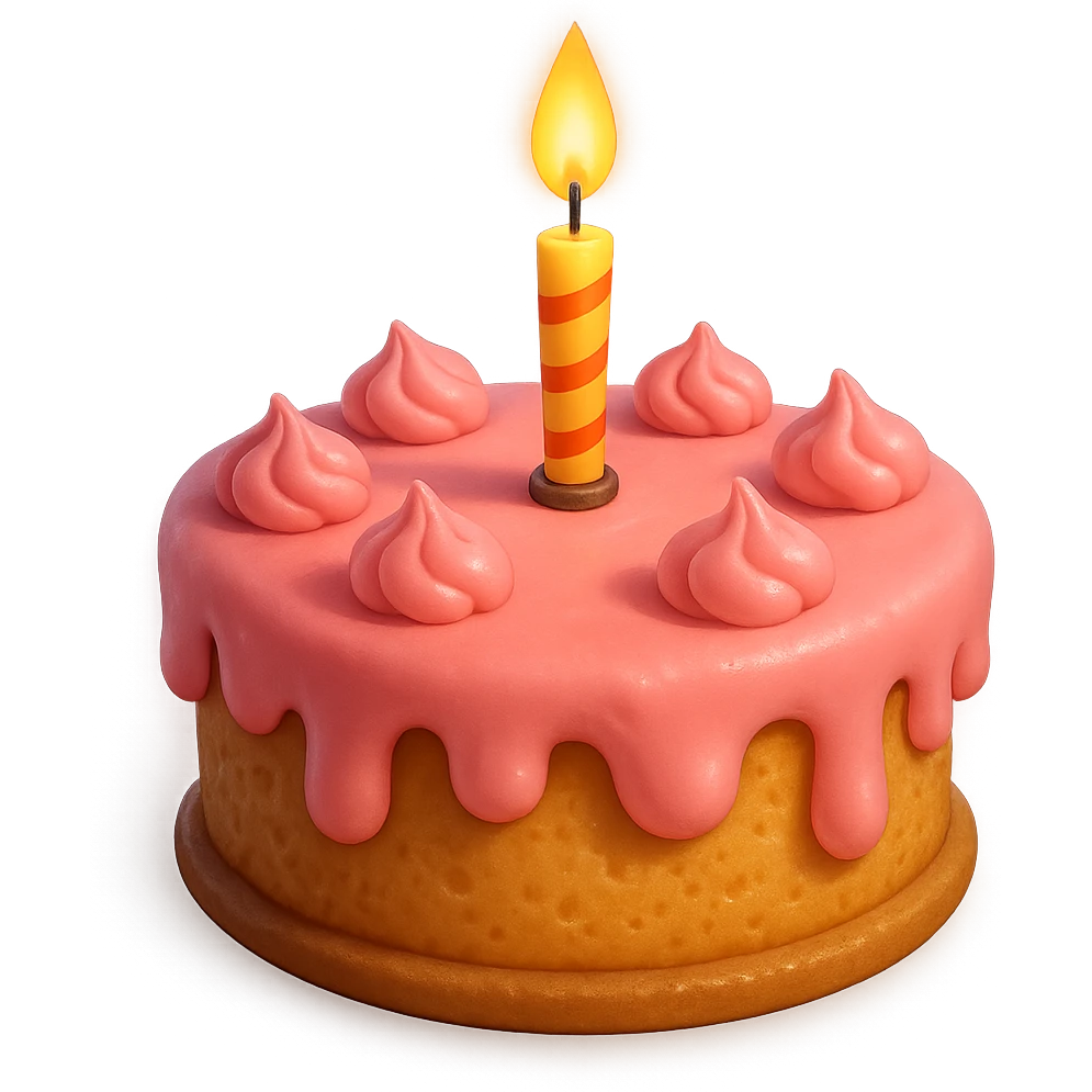 Draw a Pixar-style birthday cake with pink cream and a single candle emoji