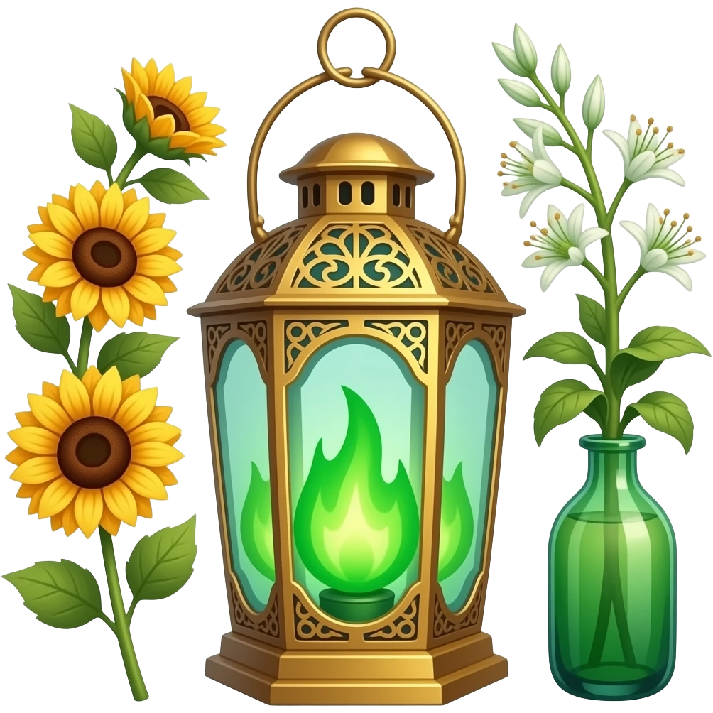 A golden hanging lantern with a bright emerald green flames, an empty loop on top, fae filigree themed sunflowers on the left and asphodels on the right as part of the design, but simple focus more on the green flames, paint the glass more green emoji