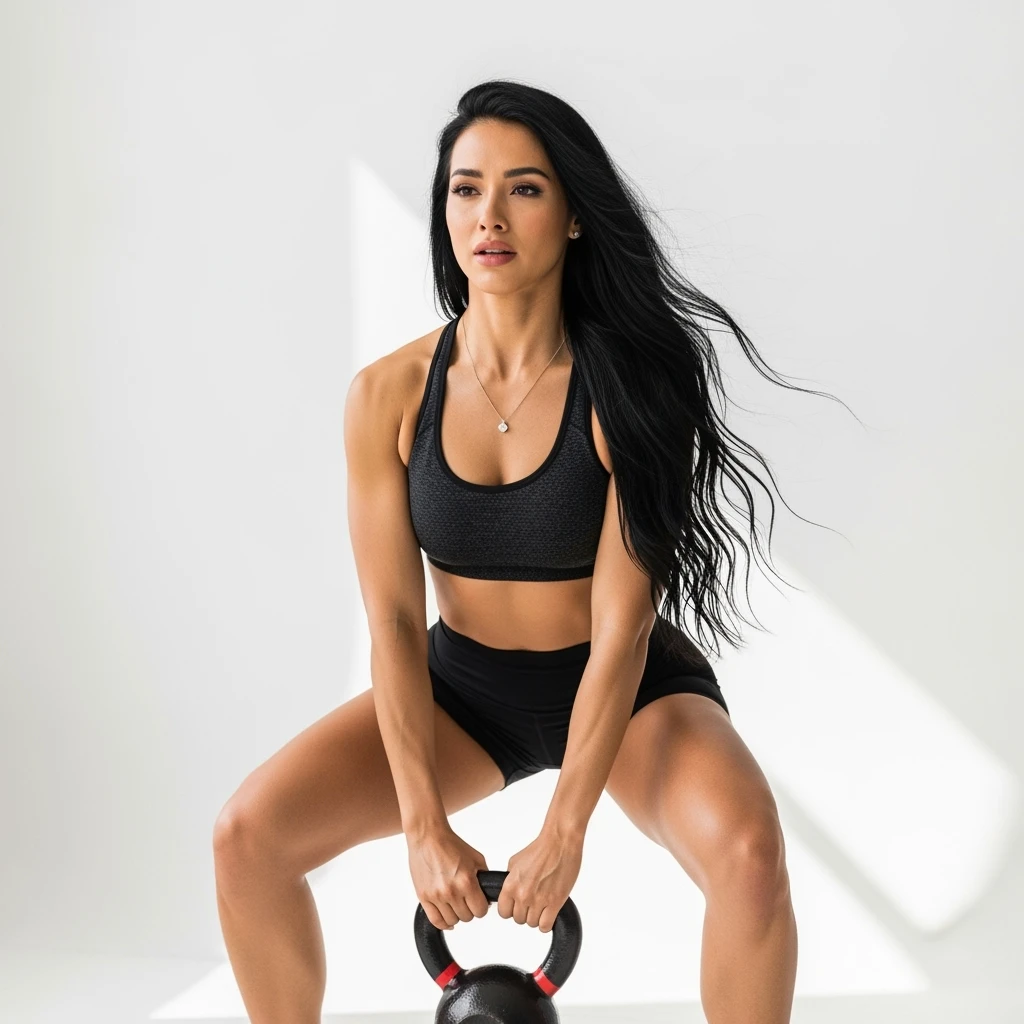 DONNA FITNESS CHE FA SQUAT CON KETTLEBELL ED ESPRESSIONE TRISTE, ISOLATA SU SFONDO BIANCO emoji