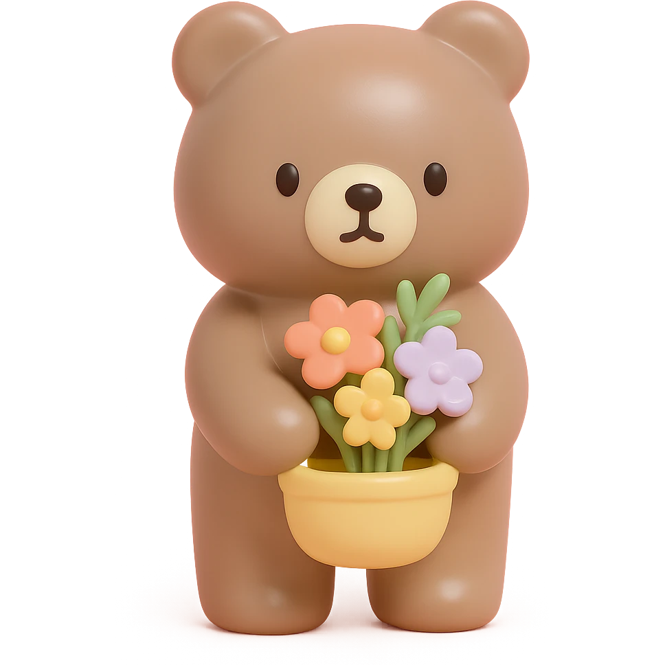 bear carrying a basket of wildflowers, soft pastel brown and cream, vinyl figure style emoji