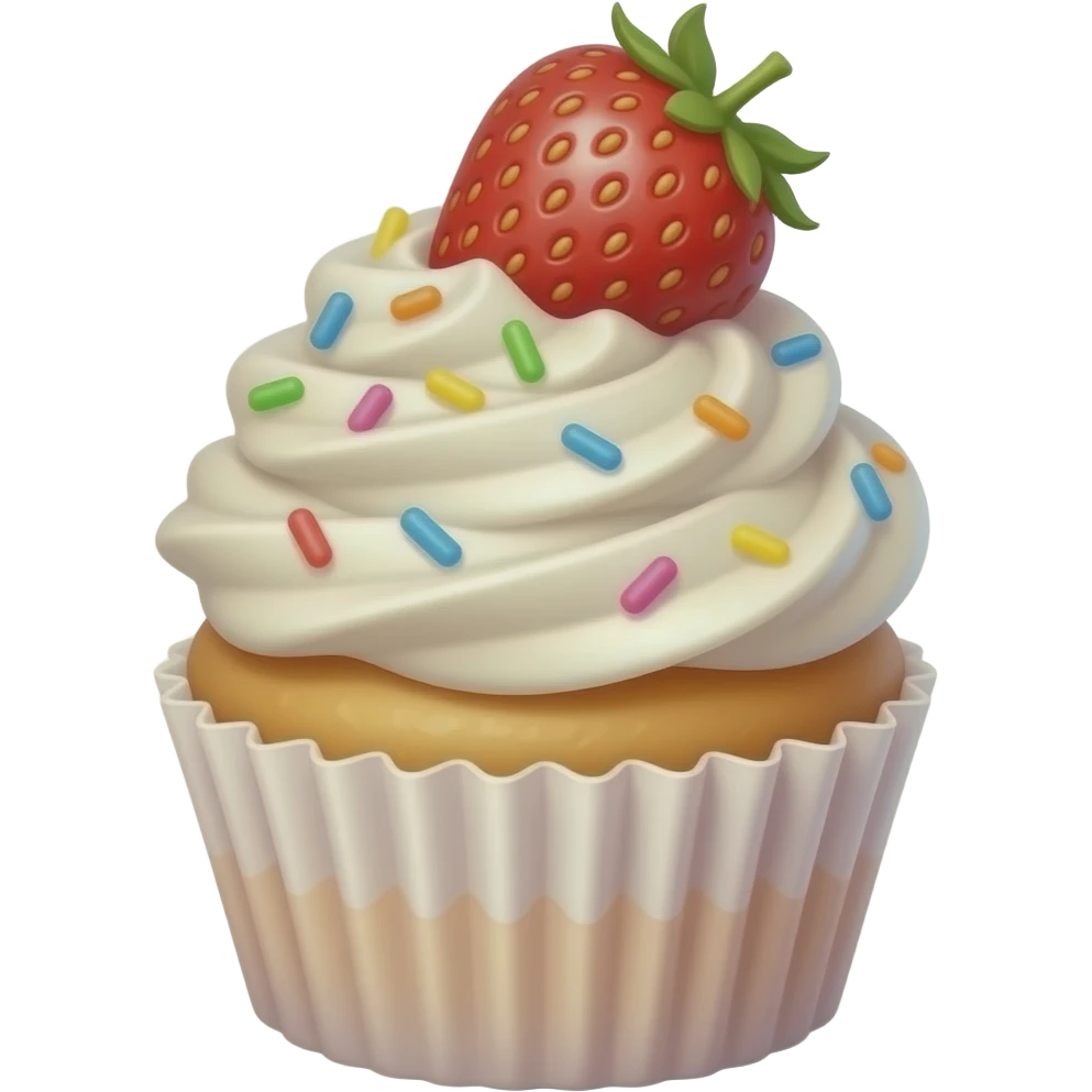 A super cute cupcake with fluffy white whipped cream, rainbow sprinkles, and a strawberry on top, kawaii style, soft pastel colors, round shapes, smooth texture, emoji design, minimal background emoji