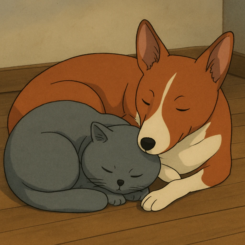 A gray British Shorthair cat curled up and sleeping next to a red Basenji dog emoji