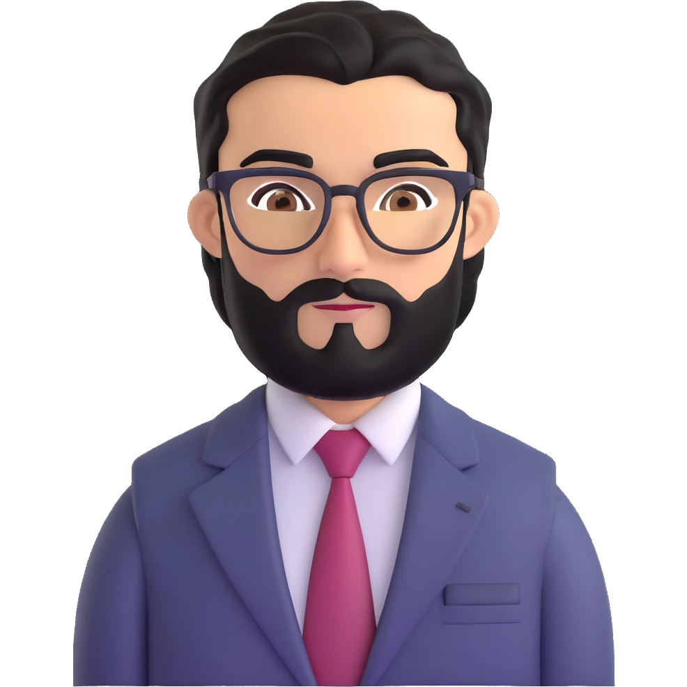 professional middle eastern businessman with medium length black beard, black hair, thick unibrow, tan skin, brown eyes, glasses, wearing a formal suit and tie emoji