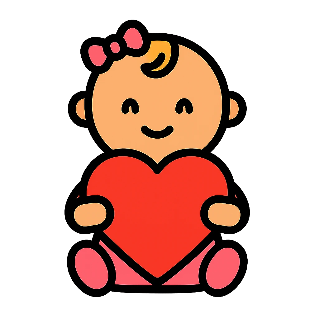 A baby girl holds a heart emoji