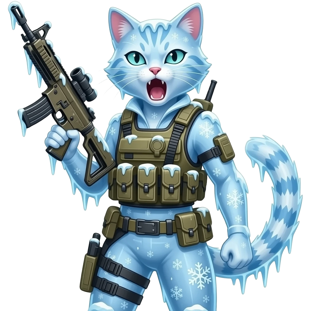 a sleek pretty female cat which is made from ice snow and snowflakes and covered from frost. the cat is wearing modern warfare gear and weaponry and is yelling angrily. their clothing and weapons are covered in frost and icicles emoji