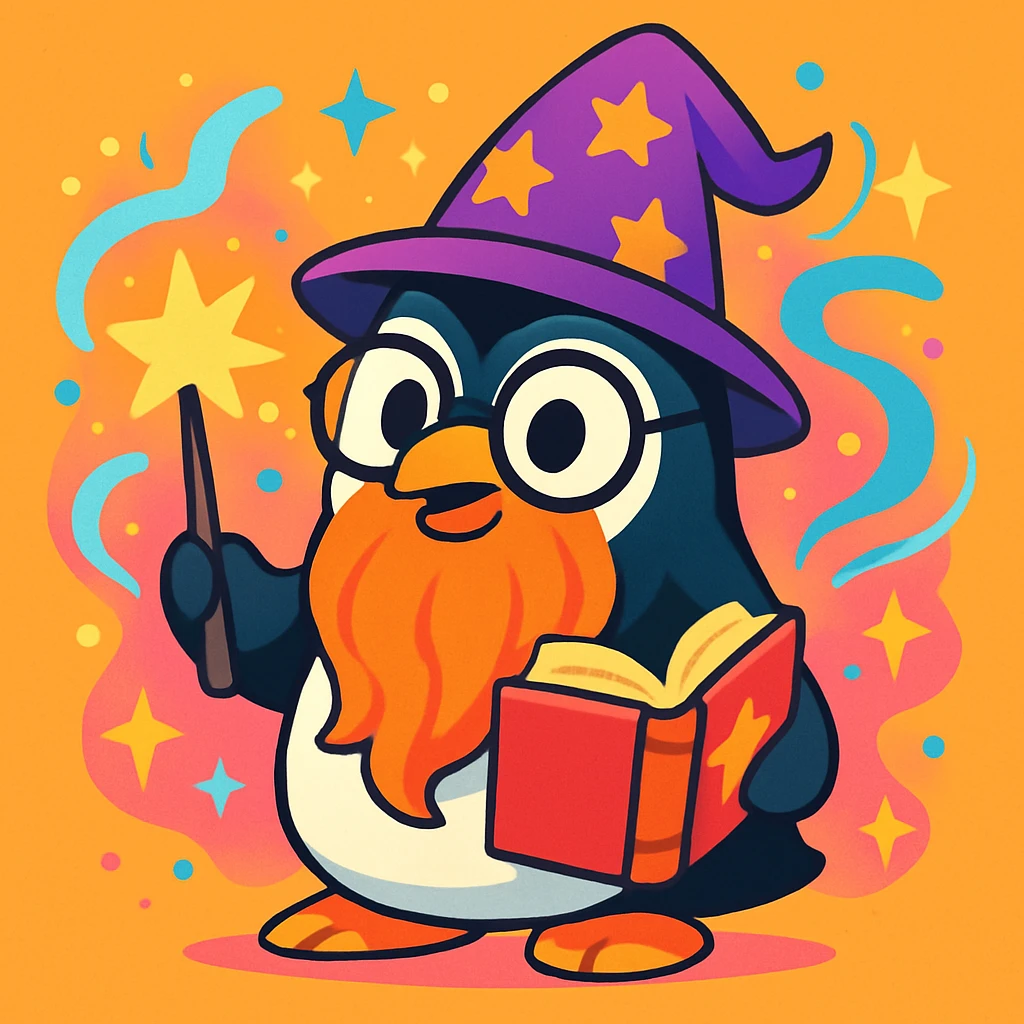 a cartoon penguin wizard with glasses, a long beard, and a spellbook, surrounded by magical effects emoji