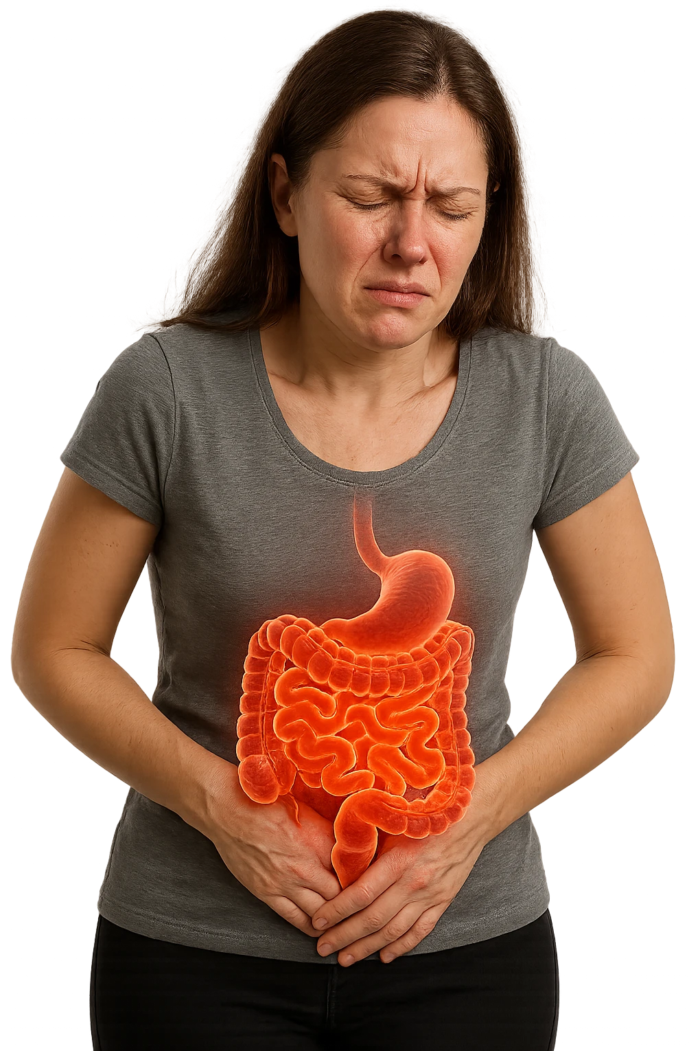 DONNA CON INTESTINO UMANO ANATOMICO IN EVIDENZA E MAL DI PANCIA, iperrealistico 4k, SFONDO BIANCO emoji