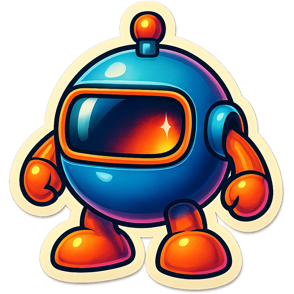 Render this spherical robot in retro stickers style, with bold outlines and vibrant colors, emphasizing a playful and nostalgic look typical of retro stickers. emoji