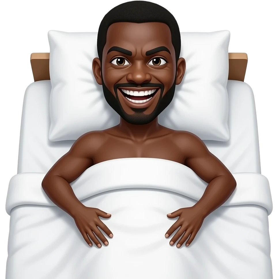 Black guy on a giant white bed with a girl no shirt up close scary laughing face for the black guy emoji