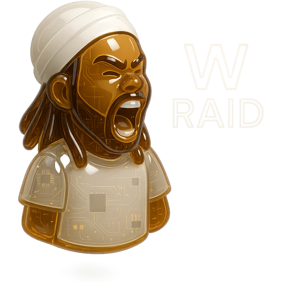 Brownskin man with long brown dreadlocks 
White  t-shirt 
WHITE turban 
expression is yelling 
Add the word W RAID emoji
