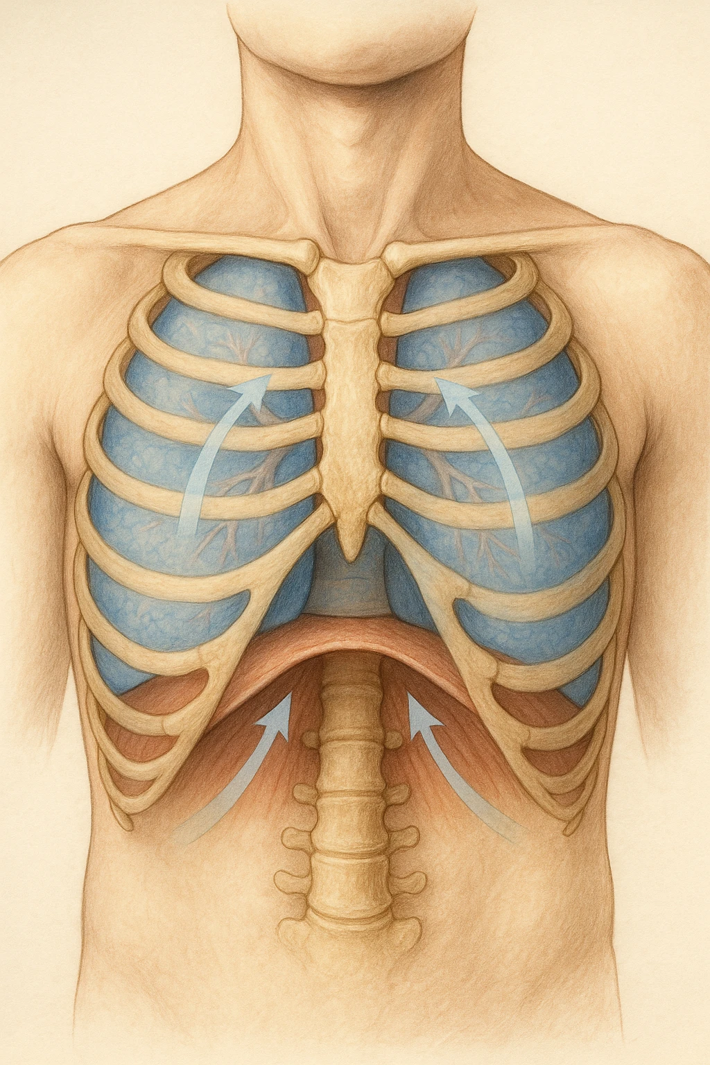 A realistic, high-quality anatomical illustration showing a human torso with visible rib cage and diaphragm. The ribs are shown in a decompressed, expanded state, allowing full lung expansion, while the diaphragm is depicted as relaxed and lowered, indicating deep, efficient breathing. Soft blue and warm tones highlight airflow and lung capacity, with light arrows illustrating the air movement during diaphragmatic breathing. The image conveys a sense of calm, openness, and optimal breathing mechanics, useful for physiotherapy, breathing education, and osteopathic learning contexts emoji