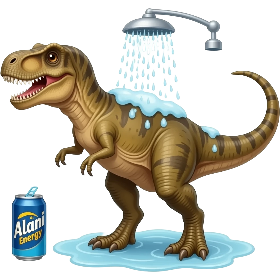 dinasour in the shower with alani energy drink emoji