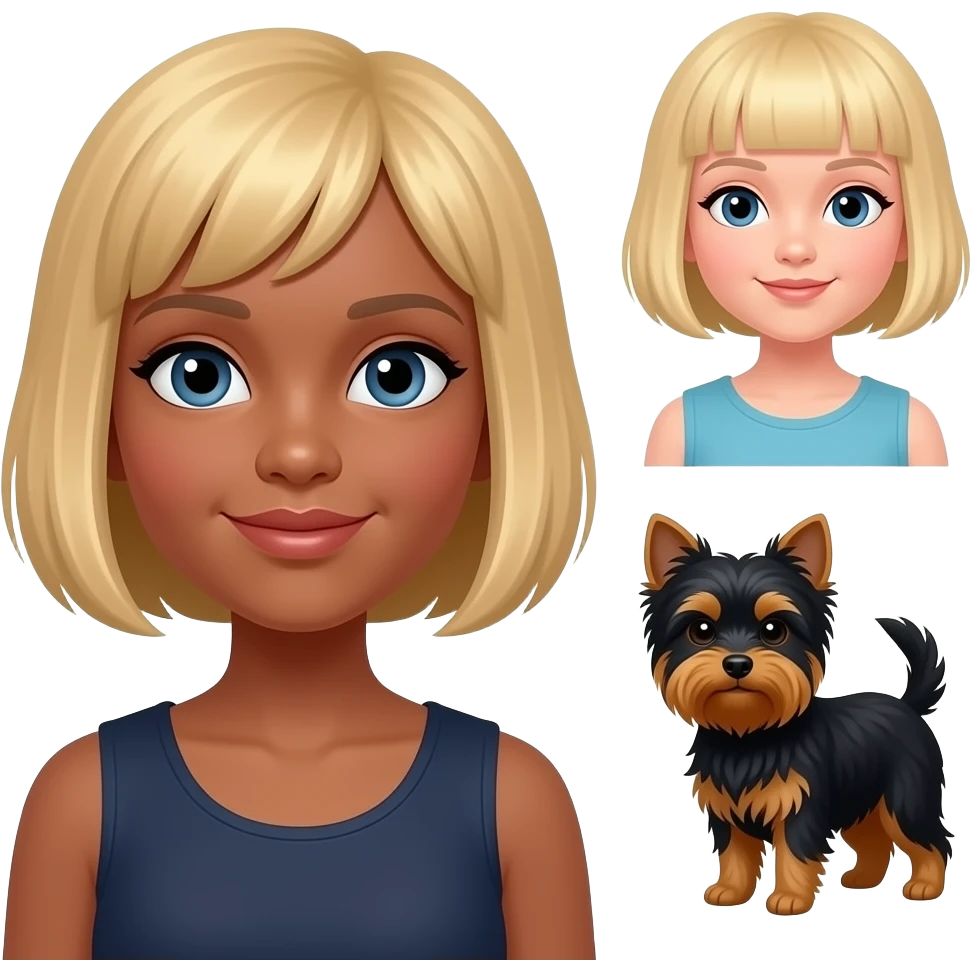 dark blonde woman with bob haircut with little Yorkshire full black without any brown brown and long hair in the eye and little blond girl with pixie cut emoji