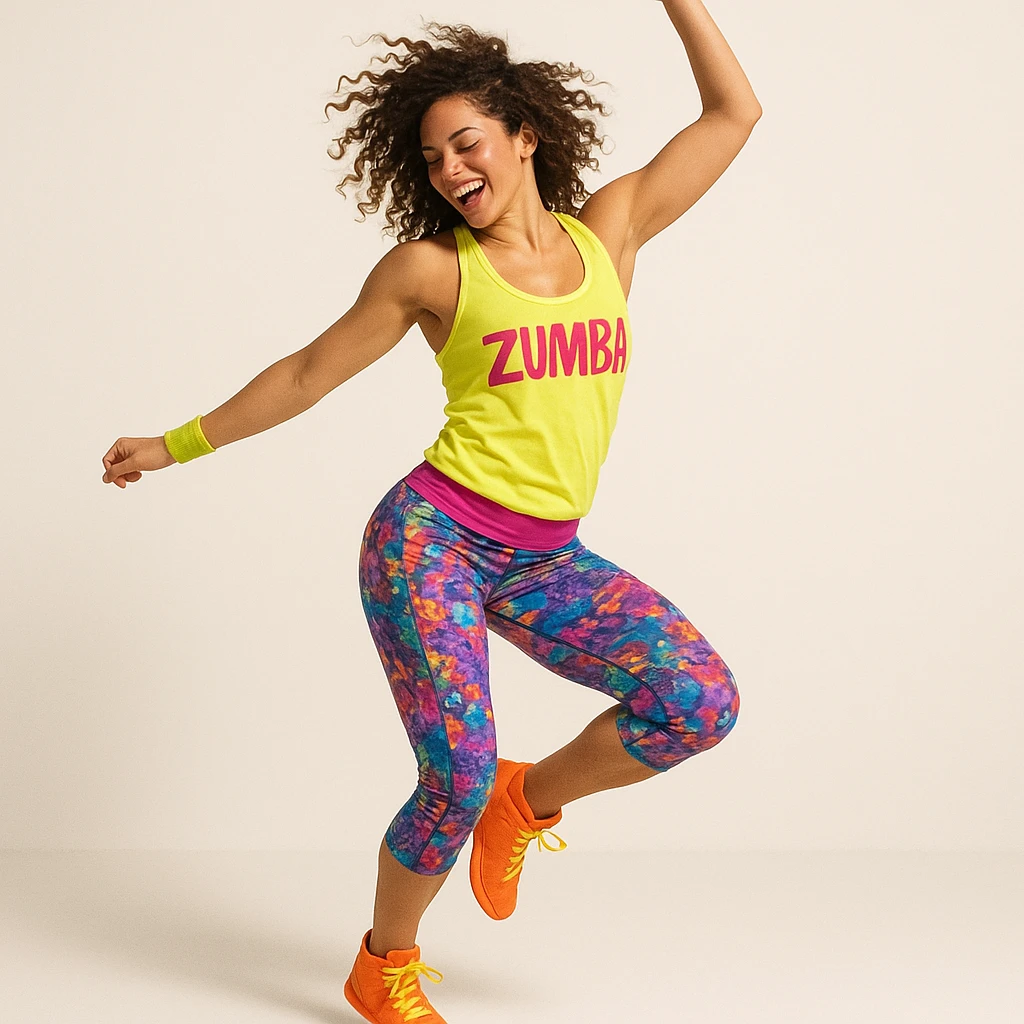 young woman dancing zumba, colorful clothes, dynamic pose, minimalist background emoji