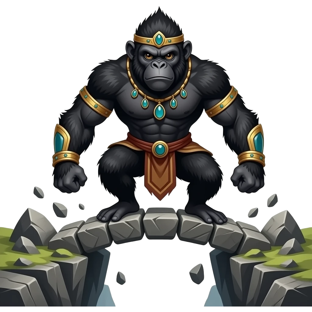 Nila Pat, the dark charcoal monkey warrior, intense expression, creating a bridge of rocks, heavy build, black fur, gold and stone jewelry, dynamic rock background. emoji