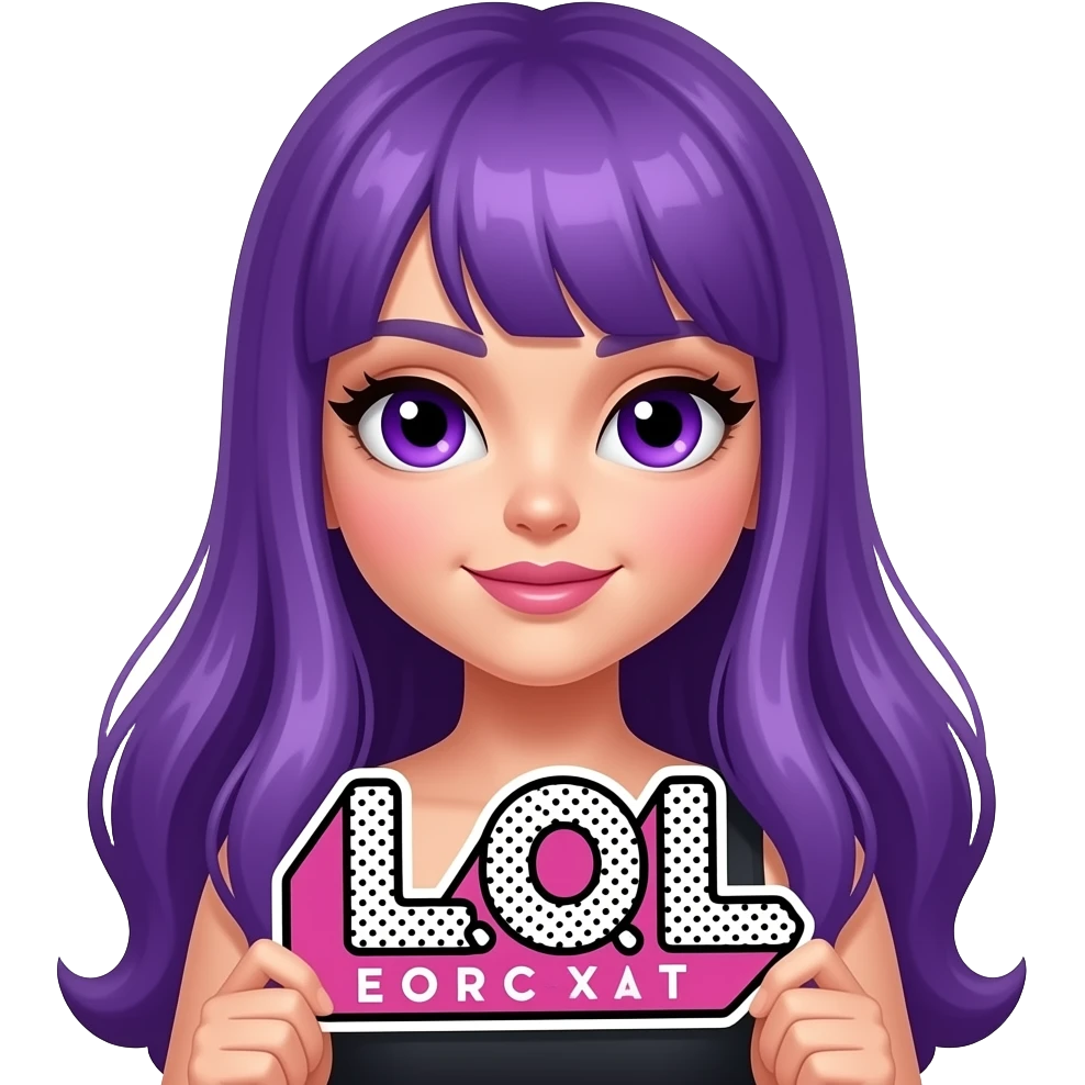 sexy girl with long purple hair and purple eyes holding a L O L sign emoji