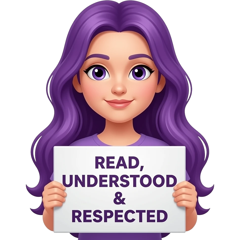 girl with long purple hair with a READ, UNDERSTOOD & RESPECTED sign emoji