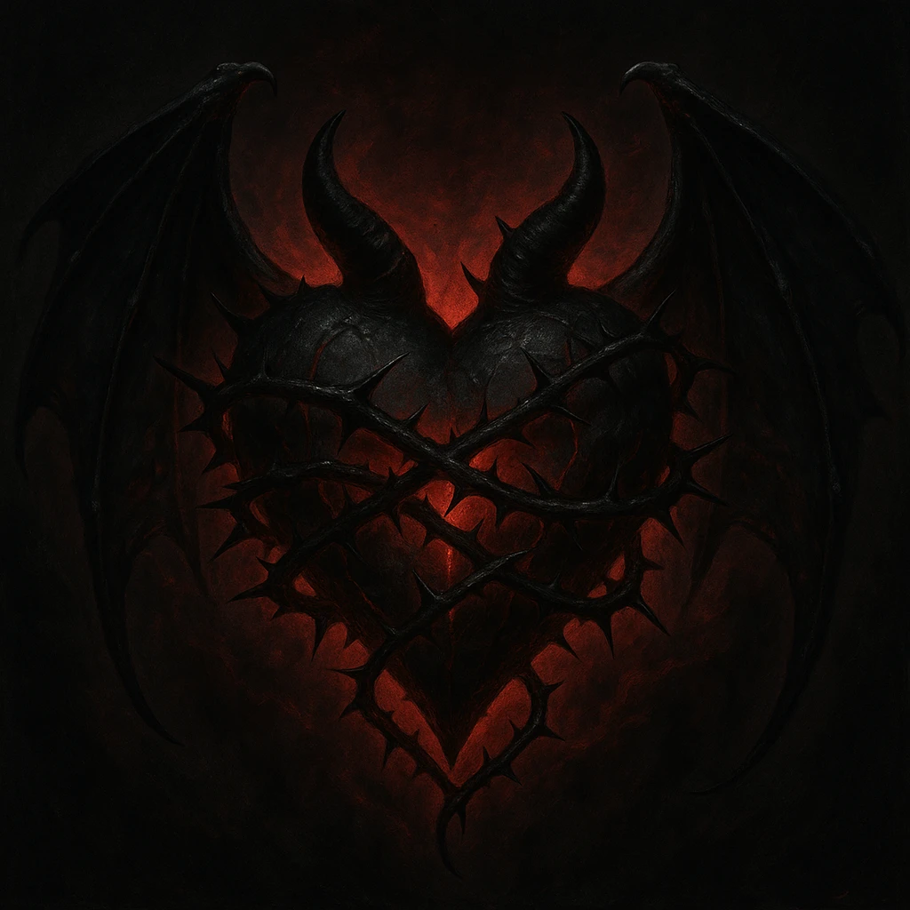 Create a gothic devil heart with bat wings, black thorns, and a blood-red aura. The style should be dark and dramatic. emoji