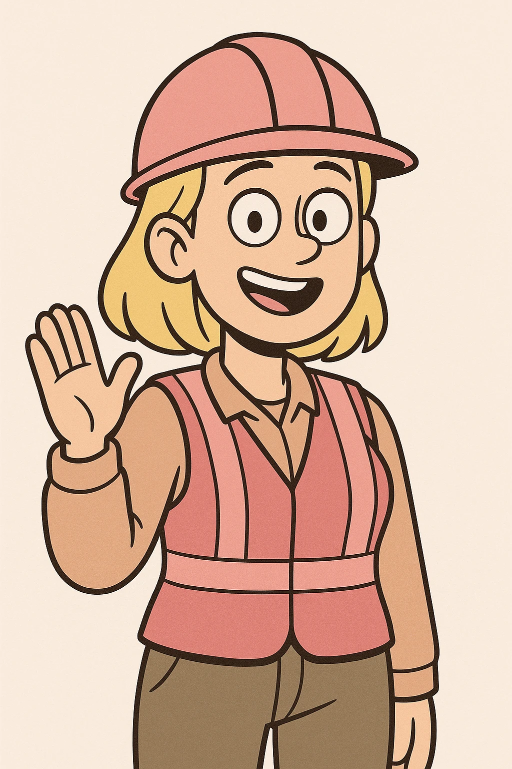 cartoon blonde girl construction worker wearing pink helmet and safety vest, waving, clean background emoji