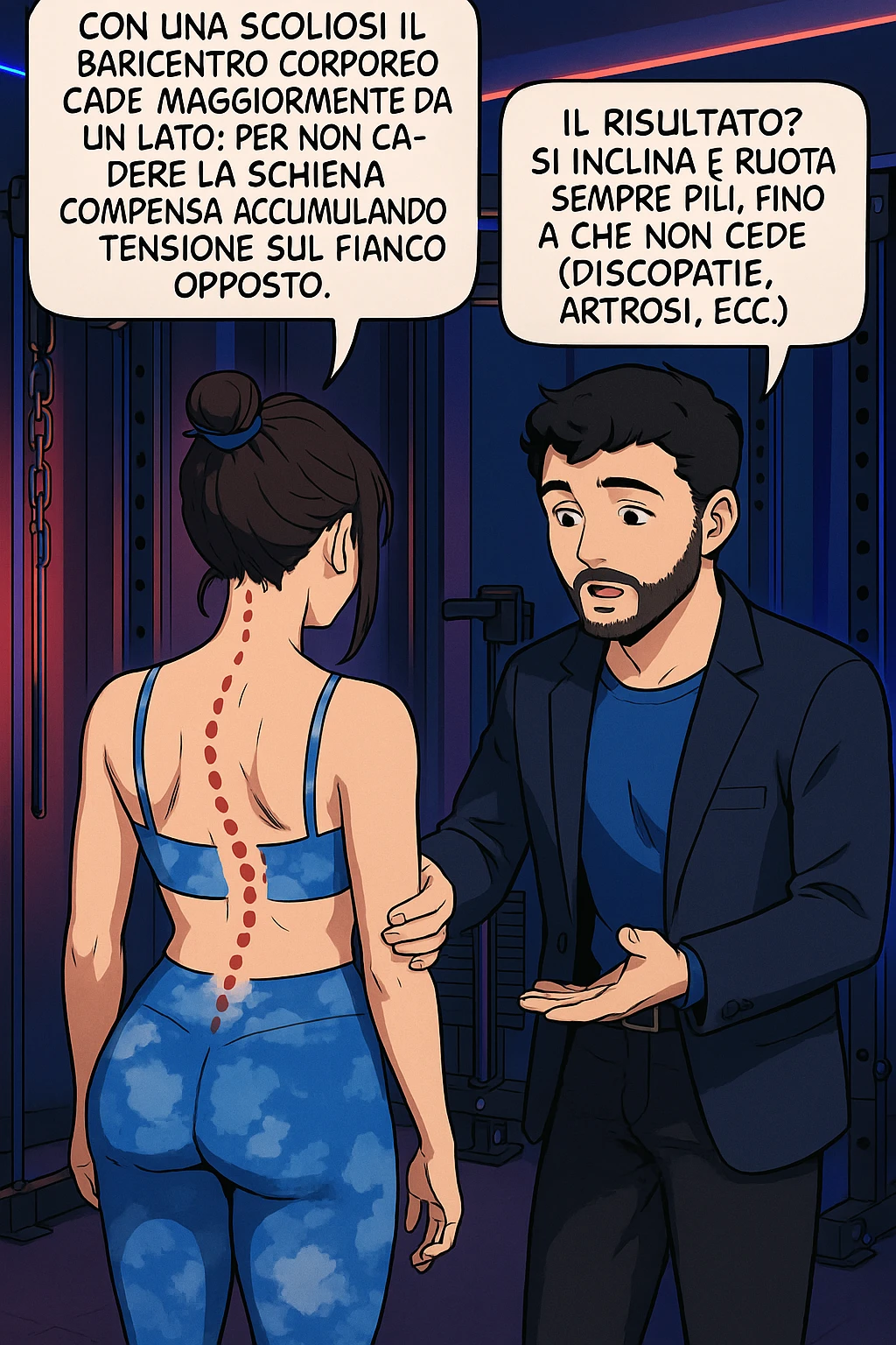 fai questa immagine in versione manga/webtoon a colori, il manga mostra la donna di spalle, mentre l'uomo le tocca la spina dorsale per spiegarle come funziona la scoliosi:
Con una scoliosi il baricentro corporeo cade maggiormente da un lato; per non cadere la schiena compensa accumulando tensione sul fianco opposto.
Il risultato? Si inclina e ruota sempre più, fino a che non cede (discopatie, artrosi, ecc) emoji