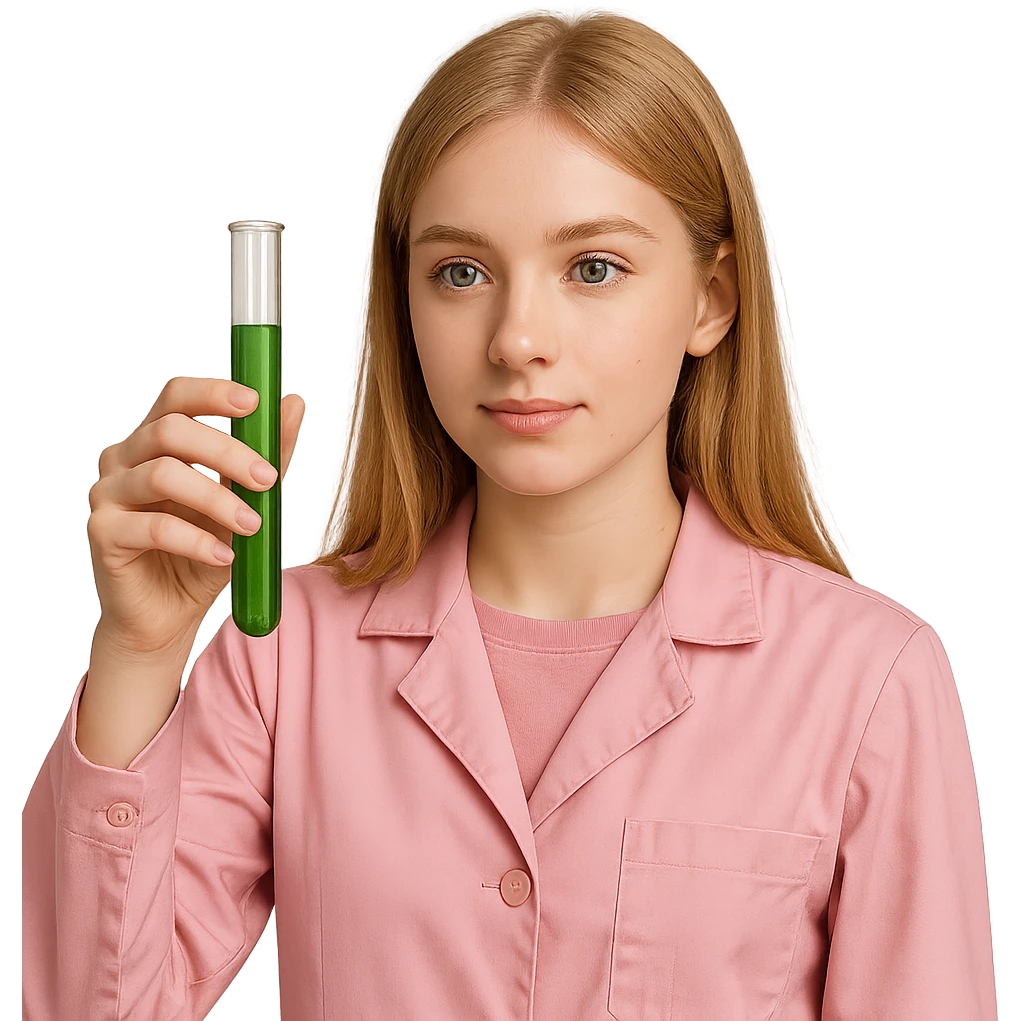 blonde girl with green-grey eyes, dressed in pink clothes, holding a test tube, chemist style emoji