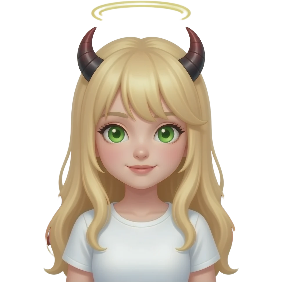 Make an emoji of a cute green eyes, blond hair white girl with an angel halo, but devilish and dark everywhere else with dragon wings emoji