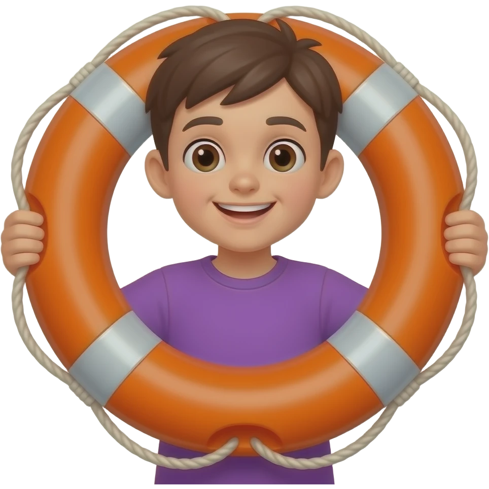 a boy in vibrant purple shirt grap a life preserver with two hands emoji
