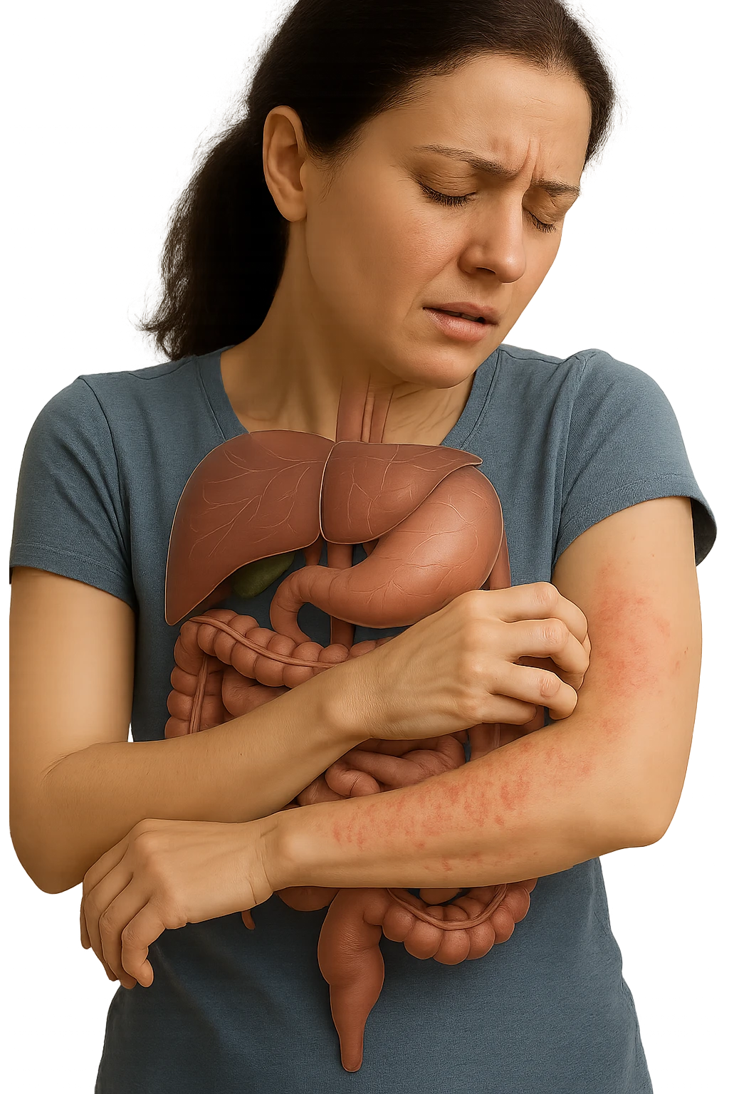 donna con intestino umano anatomico realistico che si gratta il braccio su cui ha un'eritema, iperrealistica 4k emoji