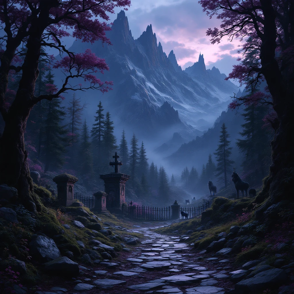 a fantasy dark forest, mountainous jagged terrain, haunted, graveyard, iron fences and stonework, trees, wolves in the distance, thick woods, deep dark purple myst emoji