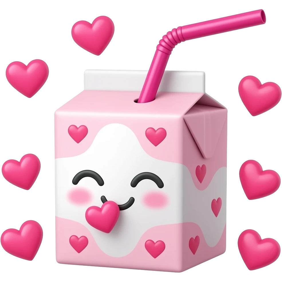 Kawaii juice box with a kissing face and hearts all around and a hot pink straw emoji